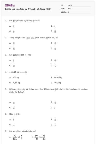 Bài tập cuối tuần Toán lớp 4 Tuần 24 có đáp án (Đề 3)