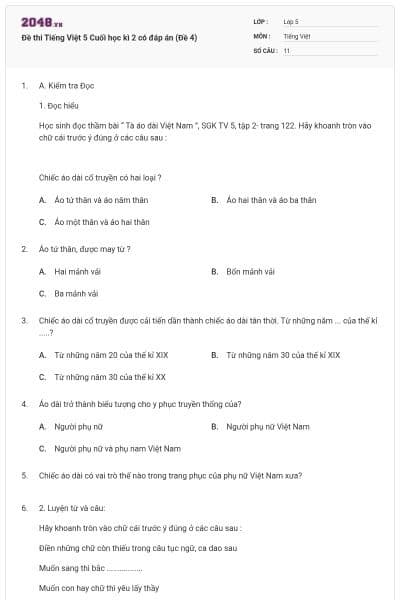 Đề thi Tiếng Việt 5 Cuối học kì 2 có đáp án (Đề 4)