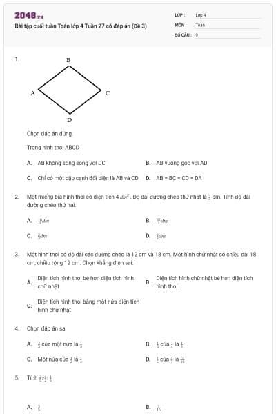 Bài tập cuối tuần Toán lớp 4 Tuần 27 có đáp án (Đề 3)