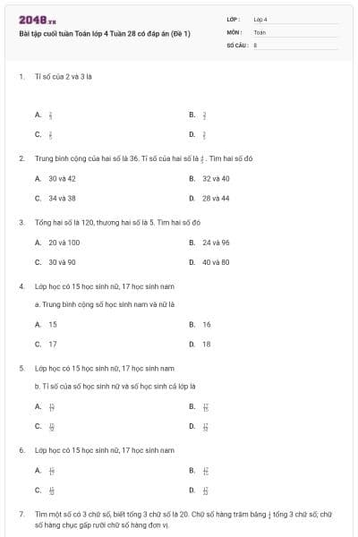 Bài tập cuối tuần Toán lớp 4 Tuần 28 có đáp án (Đề 1)