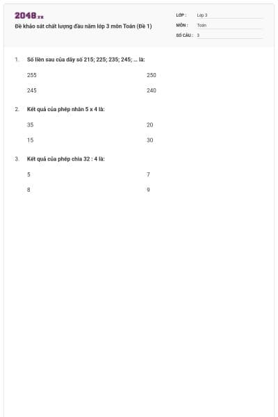 Đề khảo sát chất lượng đầu năm lớp 3 môn Toán (Đề 1)