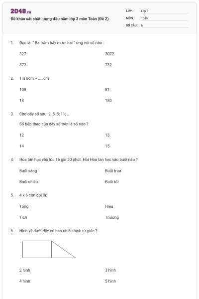 Đề khảo sát chất lượng đầu năm lớp 3 môn Toán (Đề 2)