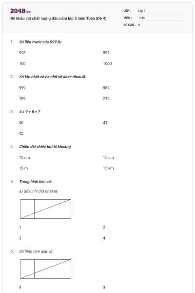 Đề khảo sát chất lượng đầu năm lớp 3 môn Toán (Đề 4)