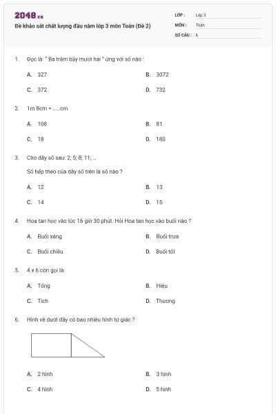 Đề khảo sát chất lượng đầu năm lớp 3 môn Toán (Đề 2)