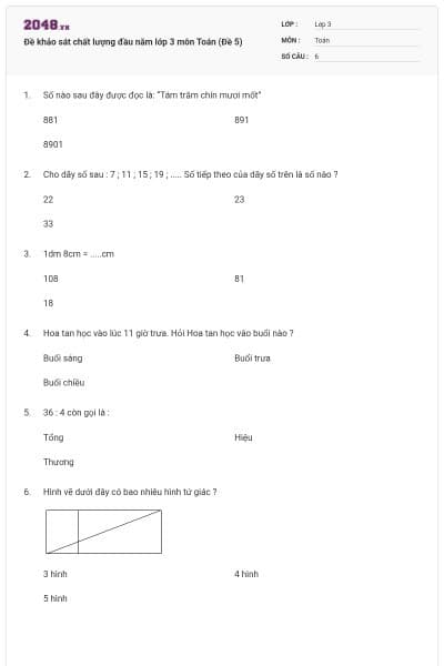 Đề khảo sát chất lượng đầu năm lớp 3 môn Toán (Đề 5)