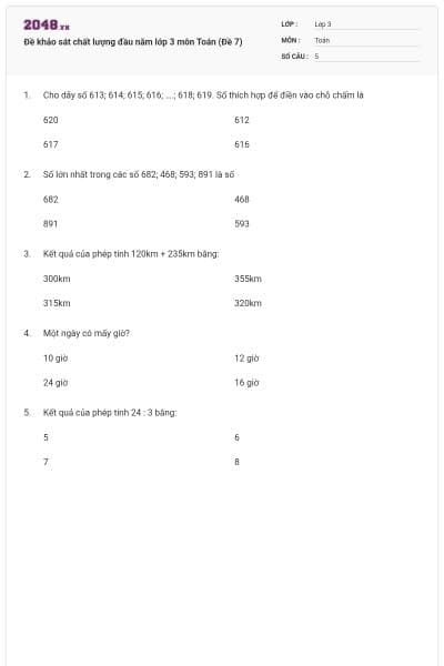 Đề khảo sát chất lượng đầu năm lớp 3 môn Toán (Đề 7)