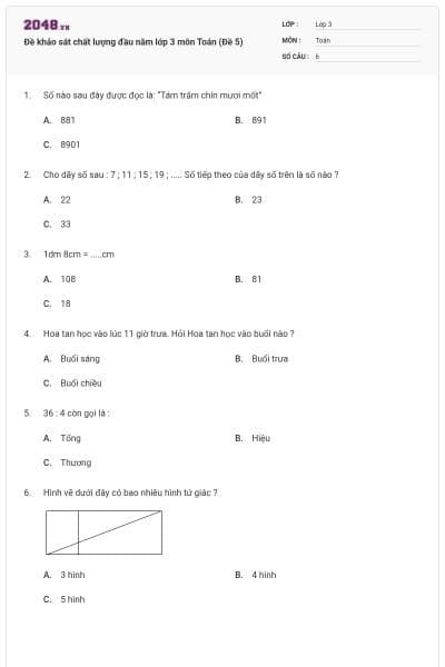 Đề khảo sát chất lượng đầu năm lớp 3 môn Toán (Đề 5)