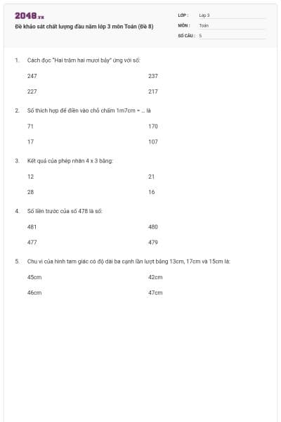 Đề khảo sát chất lượng đầu năm lớp 3 môn Toán (Đề 8)