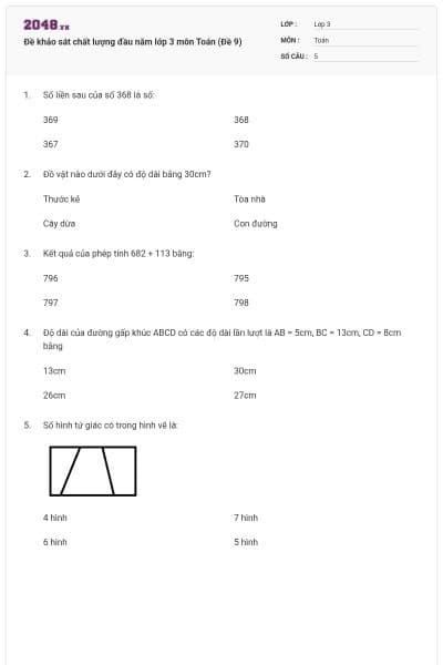 Đề khảo sát chất lượng đầu năm lớp 3 môn Toán (Đề 9)