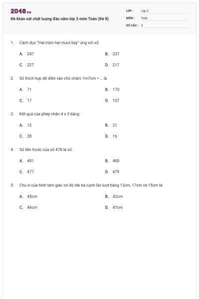 Đề khảo sát chất lượng đầu năm lớp 3 môn Toán (Đề 8)