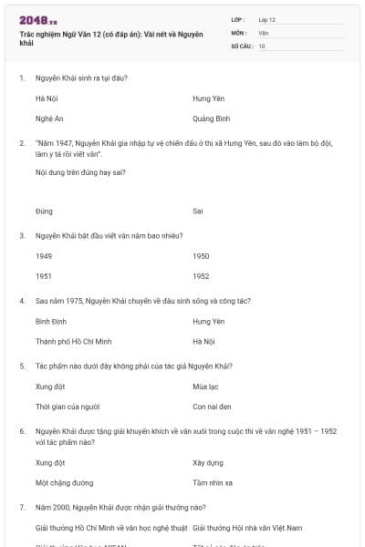 Trắc nghiệm Ngữ Văn 12 (có đáp án): Vài nét về Nguyễn khải