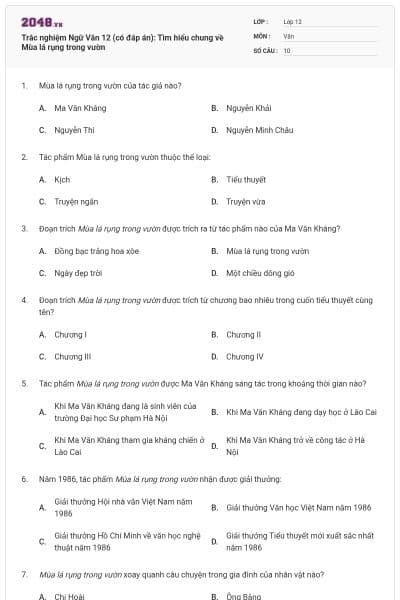 Trắc nghiệm Ngữ Văn 12 (có đáp án): Tìm hiểu chung về Mùa lá rụng trong vườn