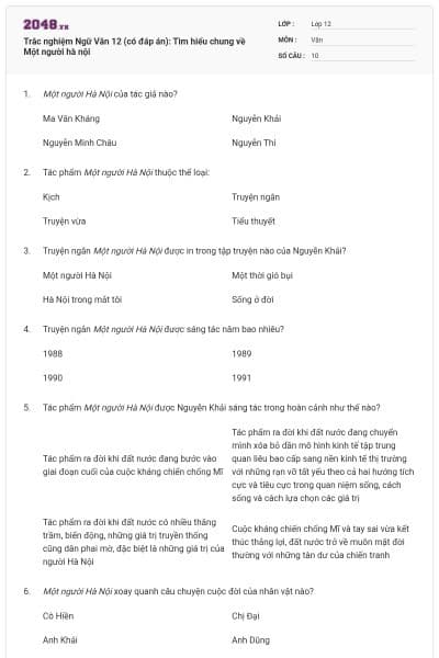 Trắc nghiệm Ngữ Văn 12 (có đáp án): Tìm hiểu chung về Một người hà nội