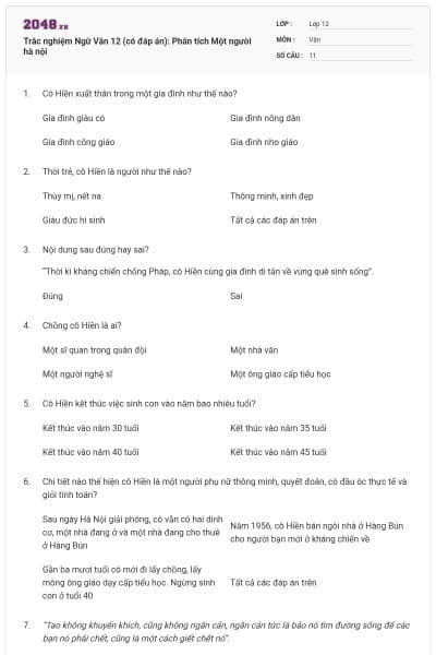 Trắc nghiệm Ngữ Văn 12 (có đáp án): Phân tích Một người hà nội
