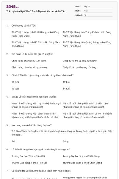 Trắc nghiệm Ngữ Văn 12 (có đáp án): Vài nét về Lỗ Tấn