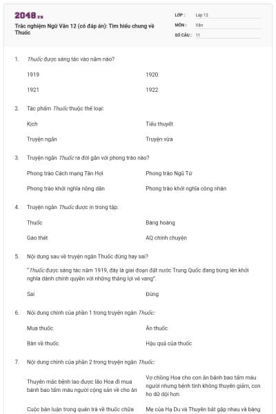 Trắc nghiệm Ngữ Văn 12 (có đáp án): Tìm hiểu chung về Thuốc