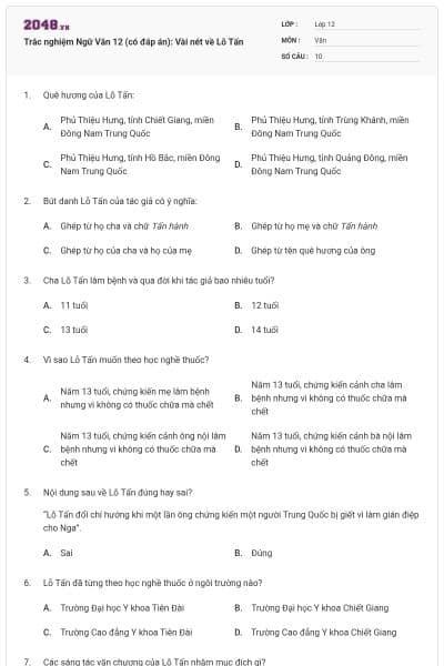 Trắc nghiệm Ngữ Văn 12 (có đáp án): Vài nét về Lỗ Tấn