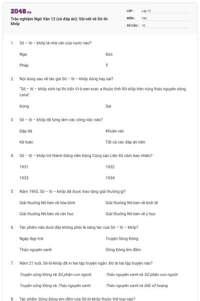 Trắc nghiệm Ngữ Văn 12 (có đáp án): Vài nét về Sô-lô-khốp