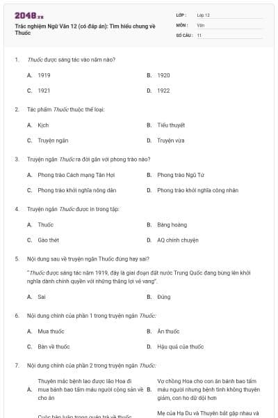 Trắc nghiệm Ngữ Văn 12 (có đáp án): Tìm hiểu chung về Thuốc