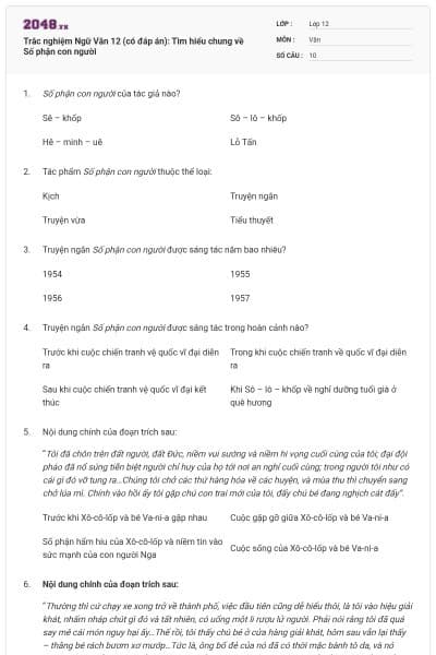 Trắc nghiệm Ngữ Văn 12 (có đáp án): Tìm hiểu chung về Số phận con người
