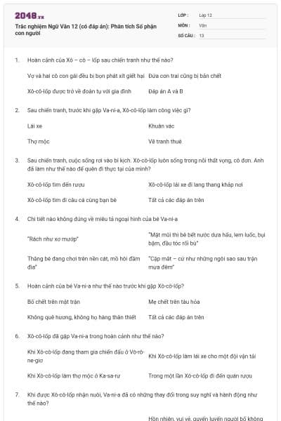 Trắc nghiệm Ngữ Văn 12 (có đáp án): Phân tích Số phận con người