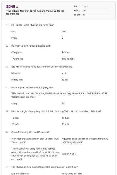 Trắc nghiệm Ngữ Văn 12 (có đáp án):  Vài nét về tác giả Hê-minh-uê