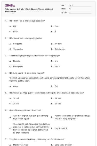 Trắc nghiệm Ngữ Văn 12 (có đáp án):  Vài nét về tác giả Hê-minh-uê