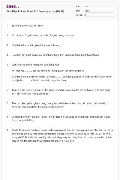 Đề thi Học kì 1 Vật Lí lớp 7 có đáp án, cực hay (Đề 12)