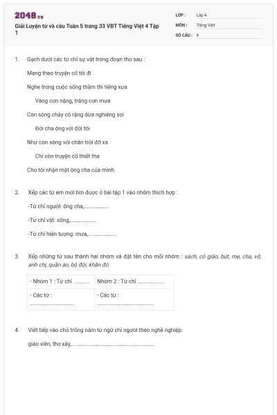 Giải Luyện từ và câu Tuần 5 trang 33 VBT Tiếng Việt 4 Tập 1