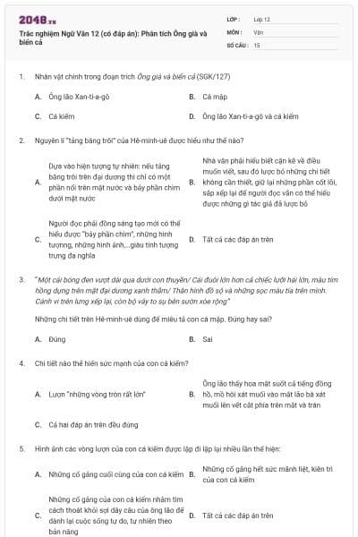 Trắc nghiệm Ngữ Văn 12 (có đáp án): Phân tích Ông già và biển cả