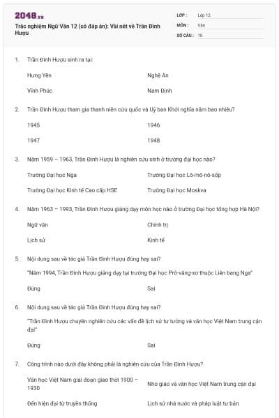 Trắc nghiệm Ngữ Văn 12 (có đáp án): Vài nét về Trần Đình Hượu