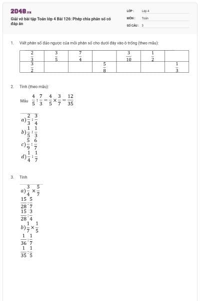 Giải vở bài tập Toán lớp 4 Bài 126: Phép chia phân số có đáp án