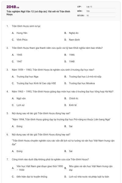 Trắc nghiệm Ngữ Văn 12 (có đáp án): Vài nét về Trần Đình Hượu