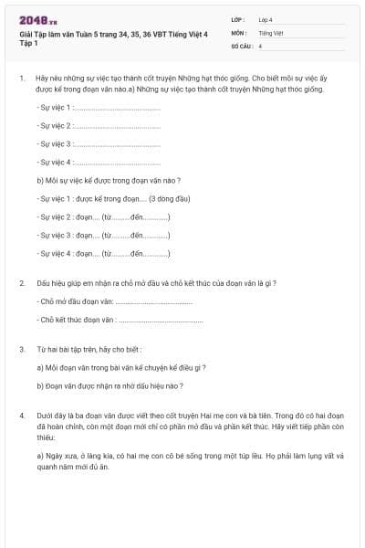 Giải Tập làm văn Tuần 5 trang 34, 35, 36 VBT Tiếng Việt 4 Tập 1