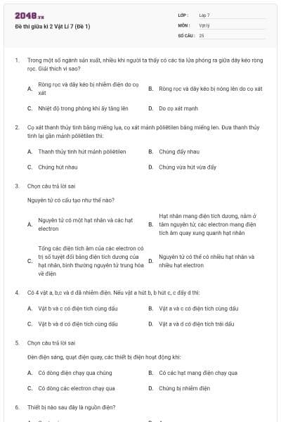 Đề thi giữa kì 2 Vật Lí 7 (Đề 1)