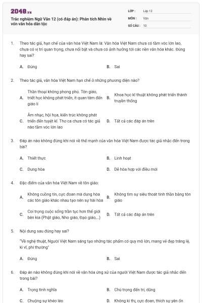 Trắc nghiệm Ngữ Văn 12 (có đáp án): Phân tích Nhìn về vốn văn hóa dân tộc