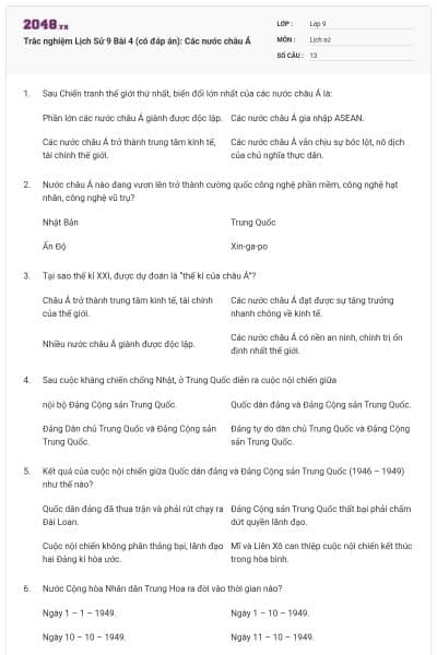 Trắc nghiệm Lịch Sử 9 Bài 4 (có đáp án): Các nước châu Á