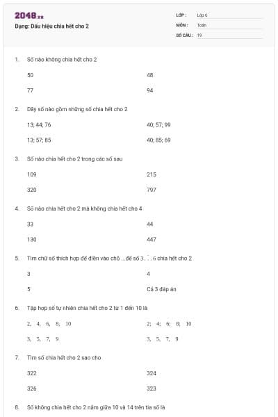 Dạng: Dấu hiệu chia hết cho 2