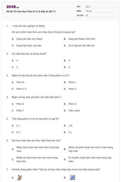 Đề thi Tin học lớp 3 Học kì 2 có đáp án (Đề 7)
