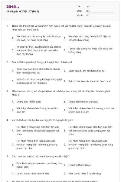 Đề thi giữa kì 2 Vật Lí 7 (Đề 2)