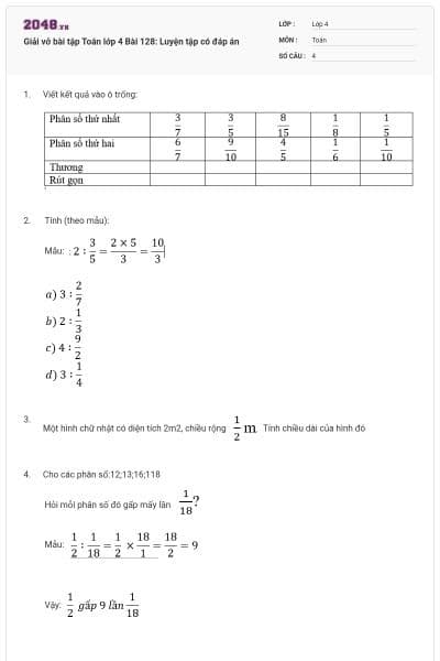 Giải vở bài tập Toán lớp 4 Bài 128: Luyện tập có đáp án