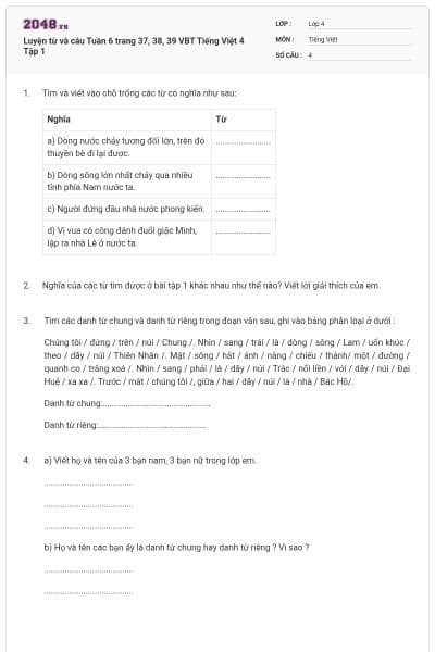 Luyện từ và câu Tuần 6 trang 37, 38, 39 VBT Tiếng Việt 4 Tập 1