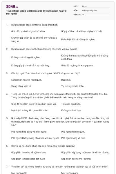 Trắc nghiệm GDCD 6 Bài 8 (có đáp án): Sống chan hòa với mọi người