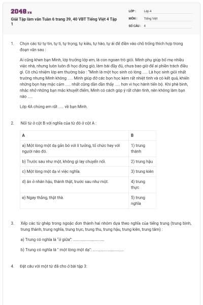 Giải Tập làm văn Tuần 6 trang 39, 40 VBT Tiếng Việt 4 Tập 1