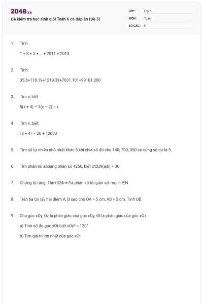 Đề kiểm tra học sinh giỏi Toán 6 có đáp án (Đề 3)