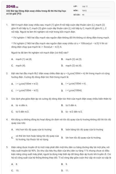 332 Bài tập Dòng điện xoay chiều trong đề thi thử Đại học có lời giải (P3)