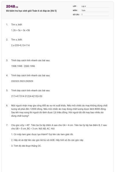 Đề kiểm tra học sinh giỏi Toán 6 có đáp án (Đề 5)