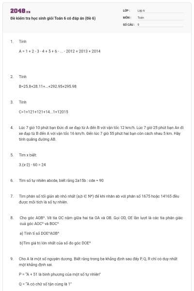 Đề kiểm tra học sinh giỏi Toán 6 có đáp án (Đề 6)