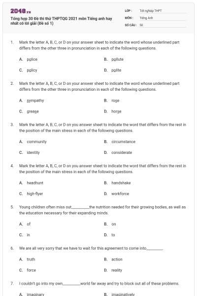 Tổng hợp 30 Đề thi thử THPTQG 2021 môn Tiếng anh hay nhất có lời giải (Đề số 1)