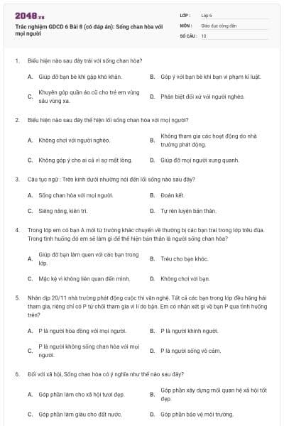 Trắc nghiệm GDCD 6 Bài 8 (có đáp án): Sống chan hòa với mọi người